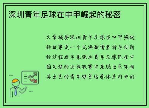 深圳青年足球在中甲崛起的秘密