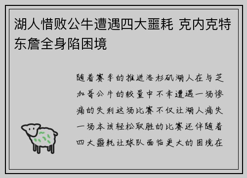 湖人惜败公牛遭遇四大噩耗 克内克特东詹全身陷困境