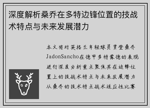 深度解析桑乔在多特边锋位置的技战术特点与未来发展潜力