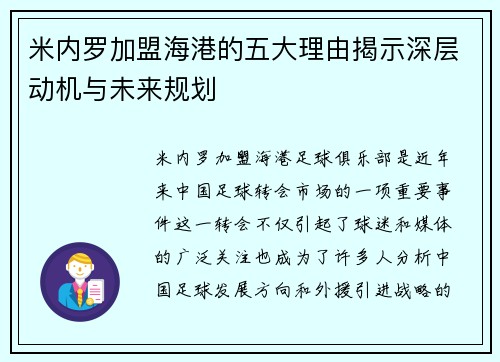米内罗加盟海港的五大理由揭示深层动机与未来规划