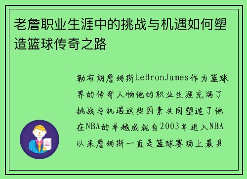 老詹职业生涯中的挑战与机遇如何塑造篮球传奇之路 老詹职业生涯中的挑战与机遇如何塑造篮球传奇之路