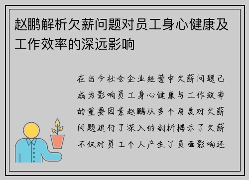 赵鹏解析欠薪问题对员工身心健康及工作效率的深远影响